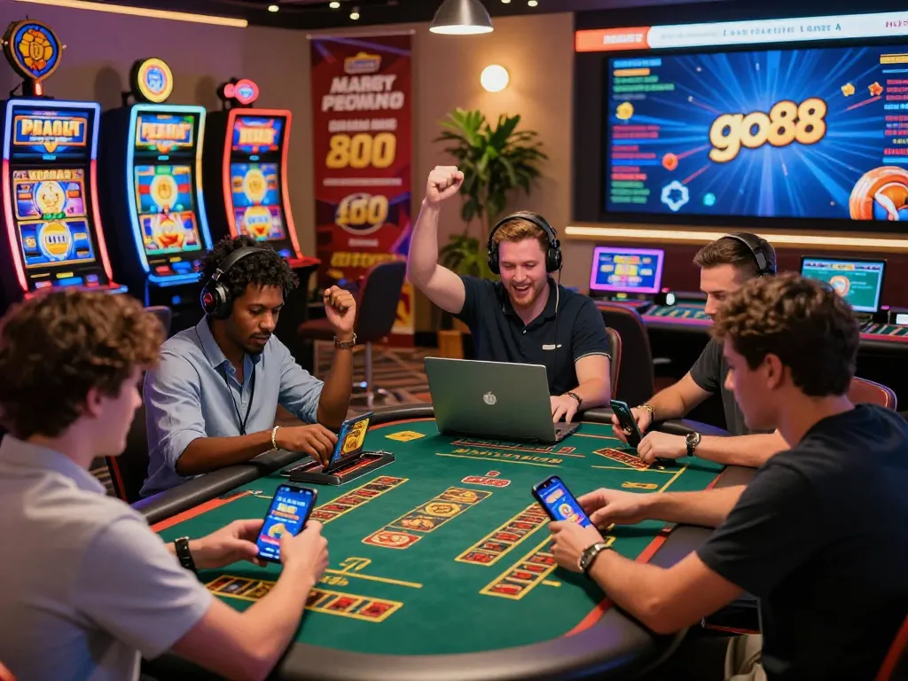 Exciting go88 online gaming scene with players enjoying casino games and sports betting on various devices in a vibrant atmosphere.