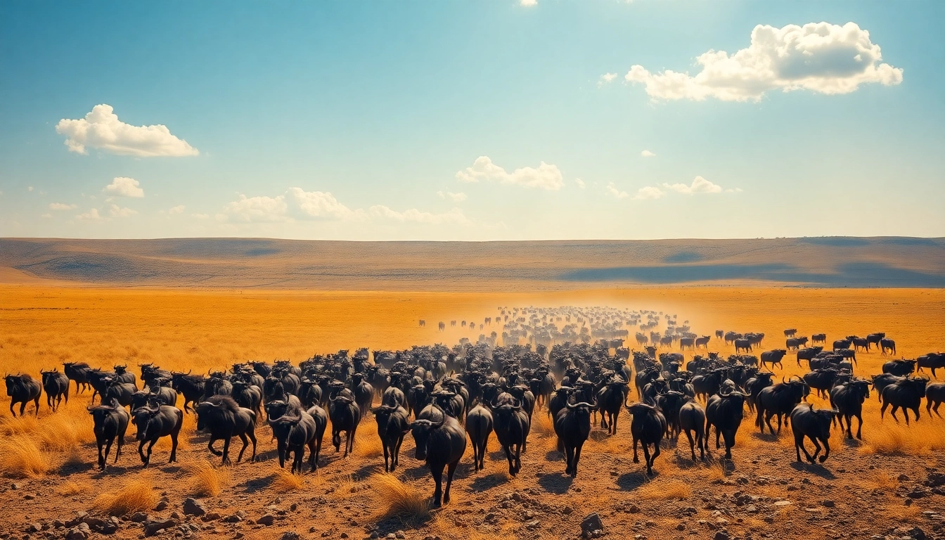 Witness a vibrant wildebeest migration safari showcasing a herd on the Serengeti plains.