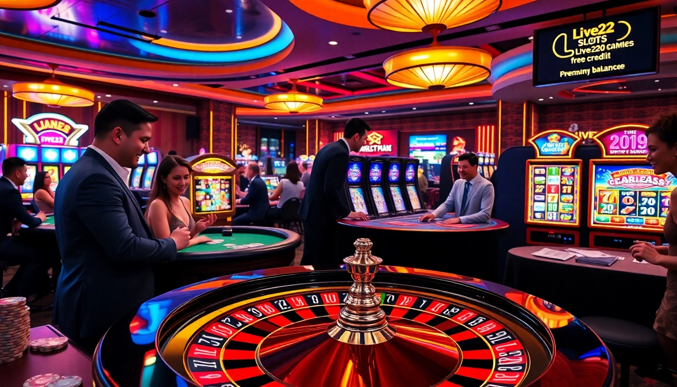 Engaging gameplay with free credit live22 at a lively casino featuring players, slots, and roulette.