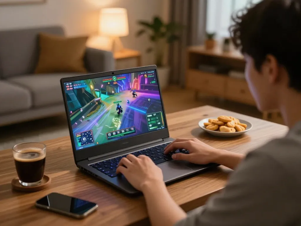 Engaging in game doi thuong on a laptop at home, showcasing a vibrant gaming interface.