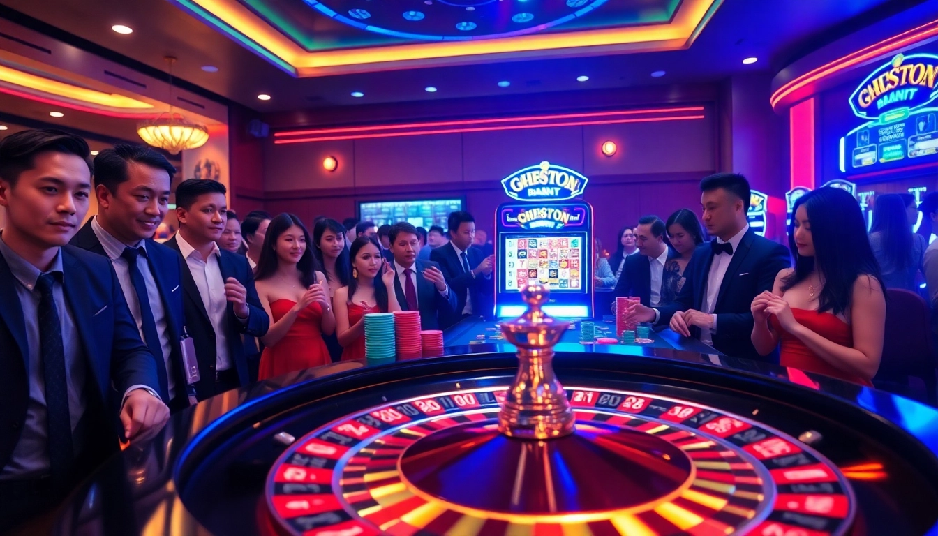 Cà khịa tv showcases vibrant casino excitement with roulette and slot machines in a lively atmosphere.