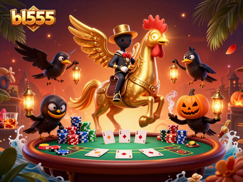 Join the gaming action at bl555 with a golden rooster and friends in this vibrant casino scene.