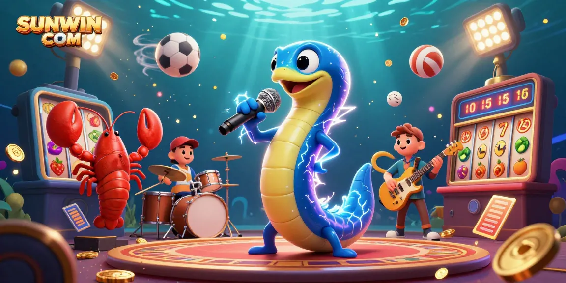 Engage with SUNWIN COM in an exciting underwater casino scene featuring a DJ eel and dynamic game elements.