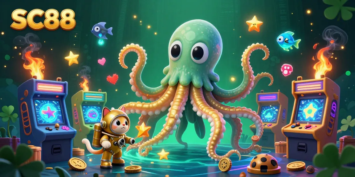 Play exciting games at SC88 with a colossal kraken, colorful arcade machines, and vibrant characters.