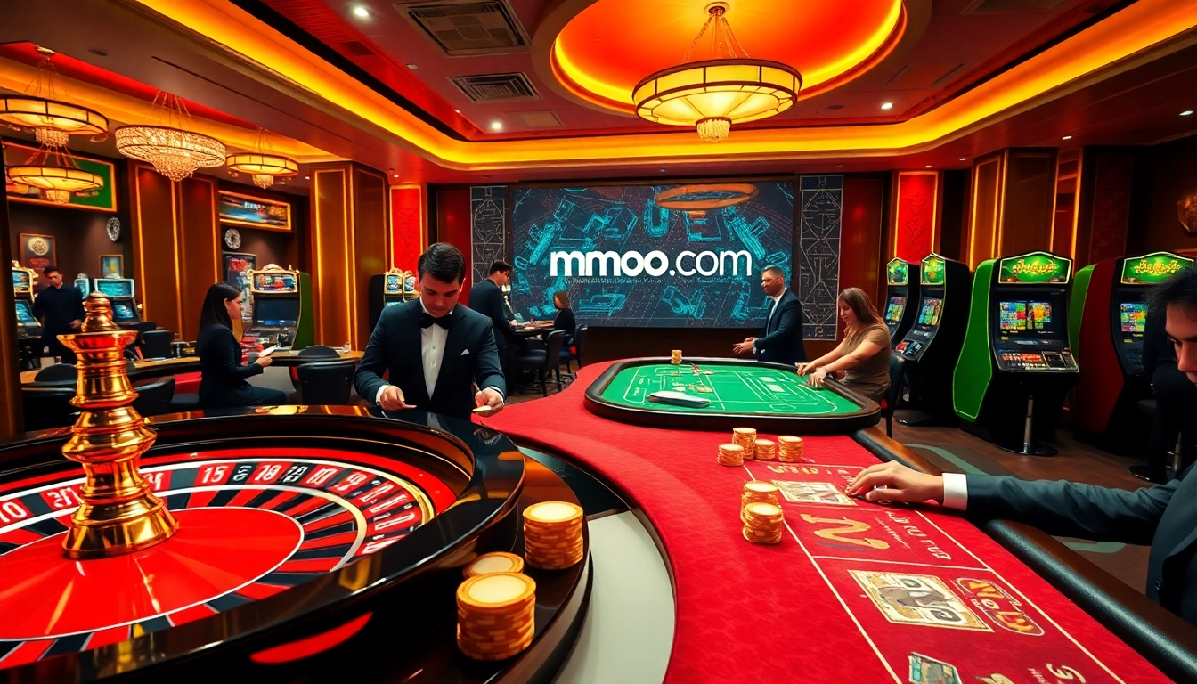 Engaging poker players at tables with mmoo.com logo in a luxurious casino setting.