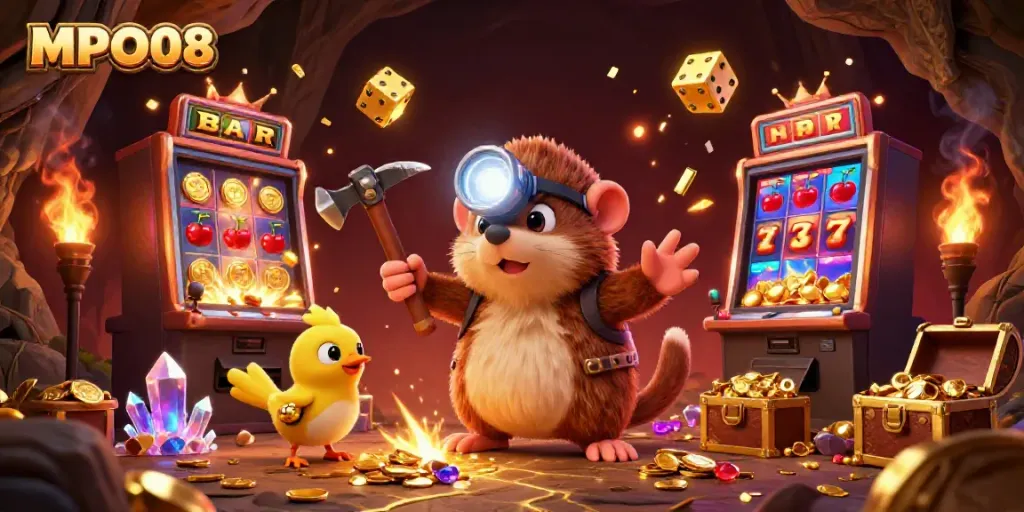 MPO08 showcases a treasure hunter mole and companion celebrating a jackpot explosion in vibrant casino style.