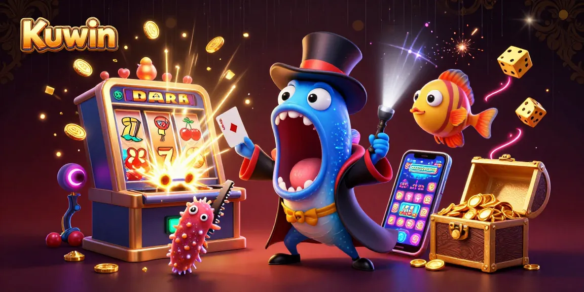 Kuwin features a cartoon bioluminescent gulper eel magician in a vibrant casino scene with slots and gold coins.