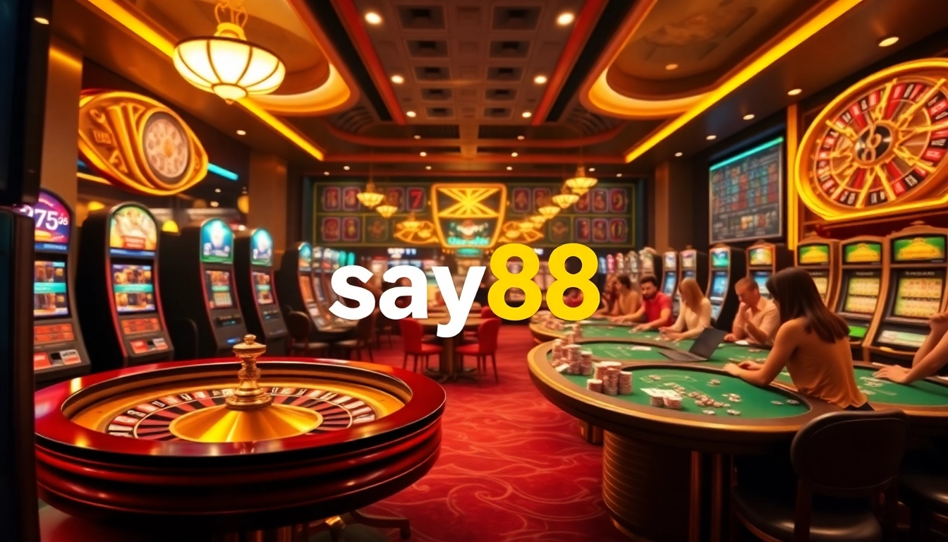SAY88 casino table showcasing exciting gaming action, including chips, cards and roulette.