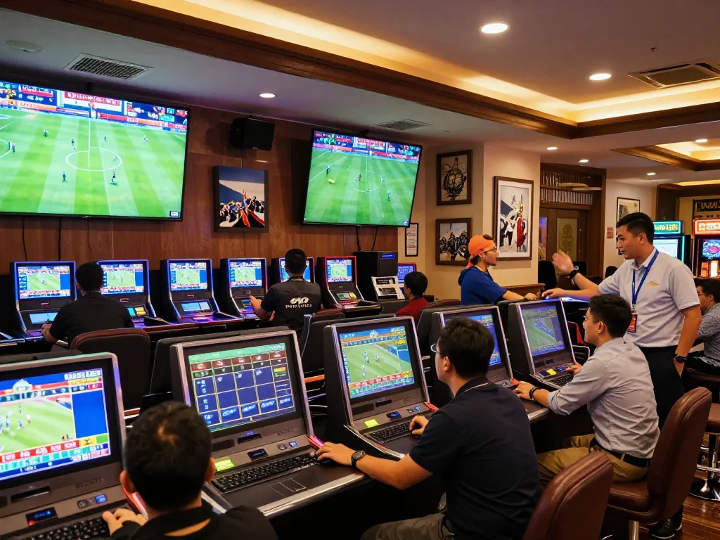 A lively sports betting lounge featuring enthusiastic patrons placing bets on kèo nhà cái, with multiple screens displaying soccer matches.