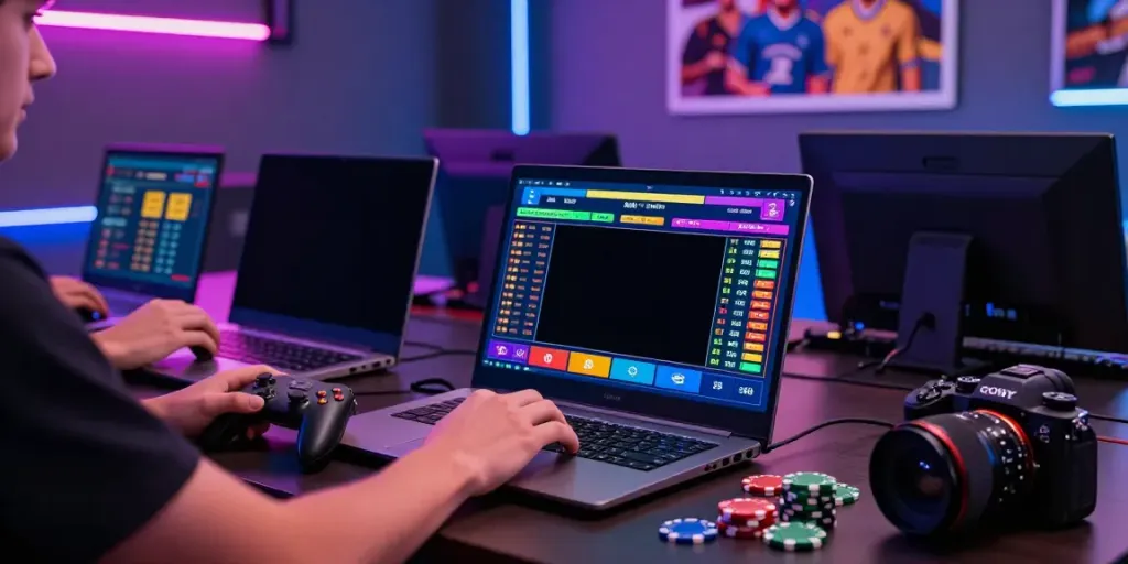 Engaging online betting scene at https://net88.broker/ featuring a user with a laptop and vibrant gaming interface.