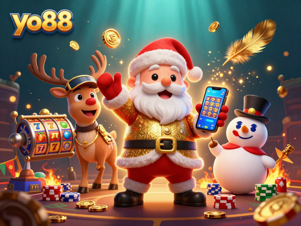 Experience the thrill of yo88 gaming with Santa, his reindeer dealer, and a poker chip snowman!