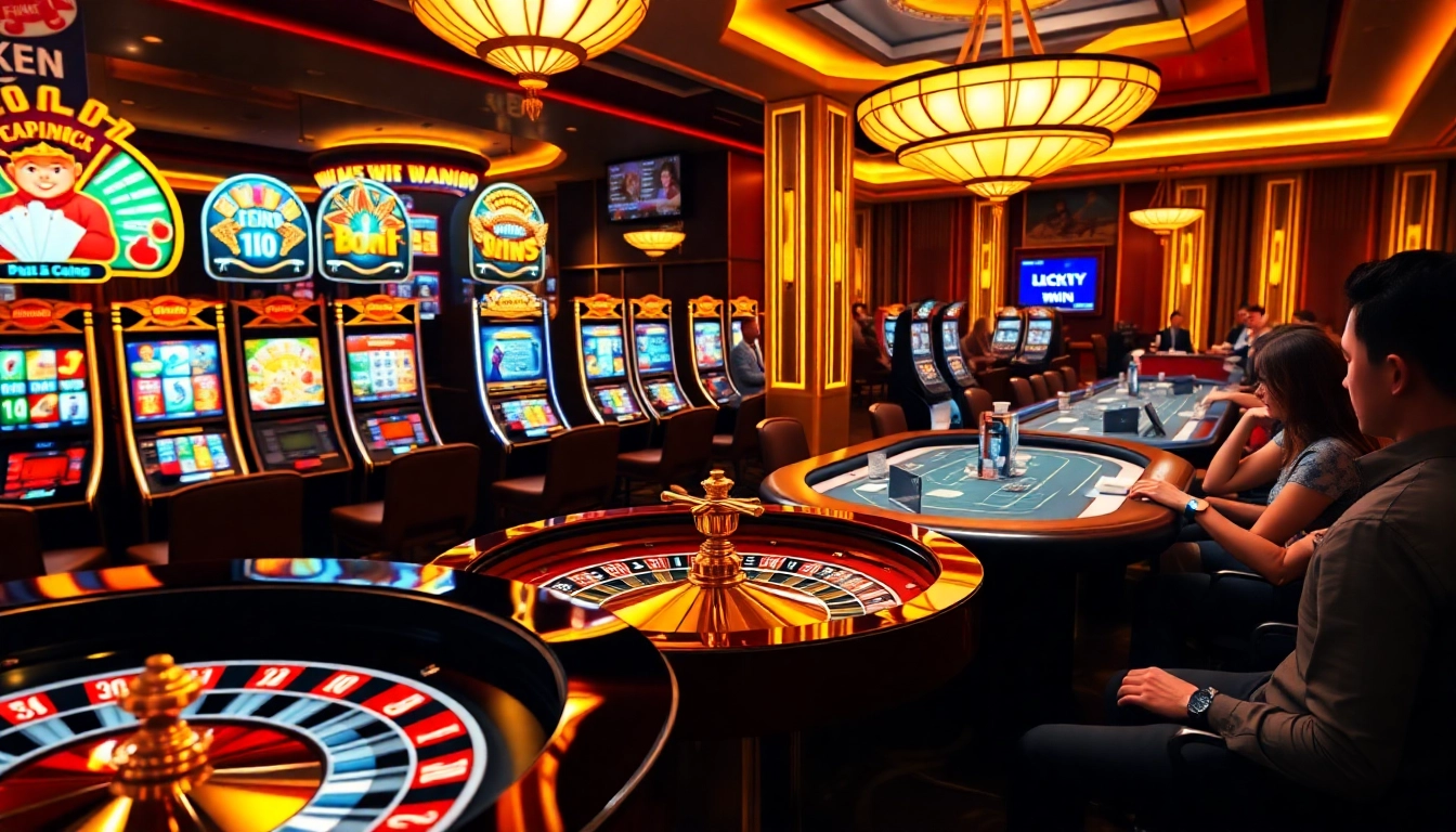 Luckywin online gambling scene with vibrant slot machines and roulette wheel.