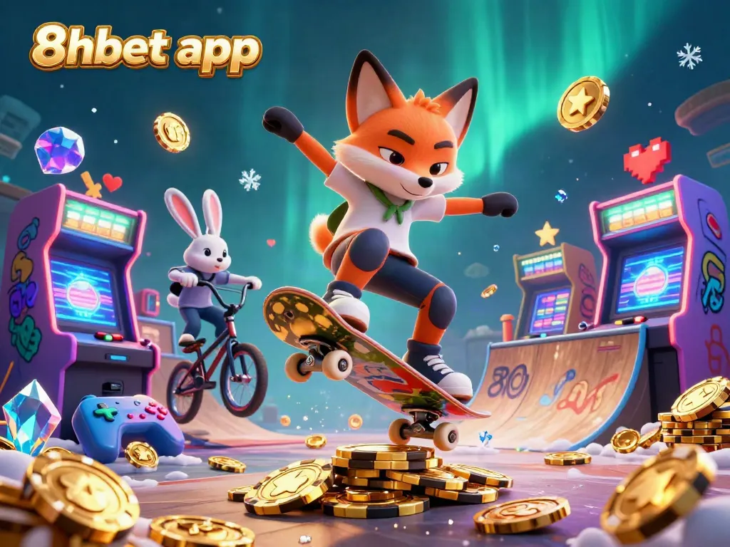 Play and win with the 8xbet app in an exciting 3D casino scene filled with vibrant gaming elements.