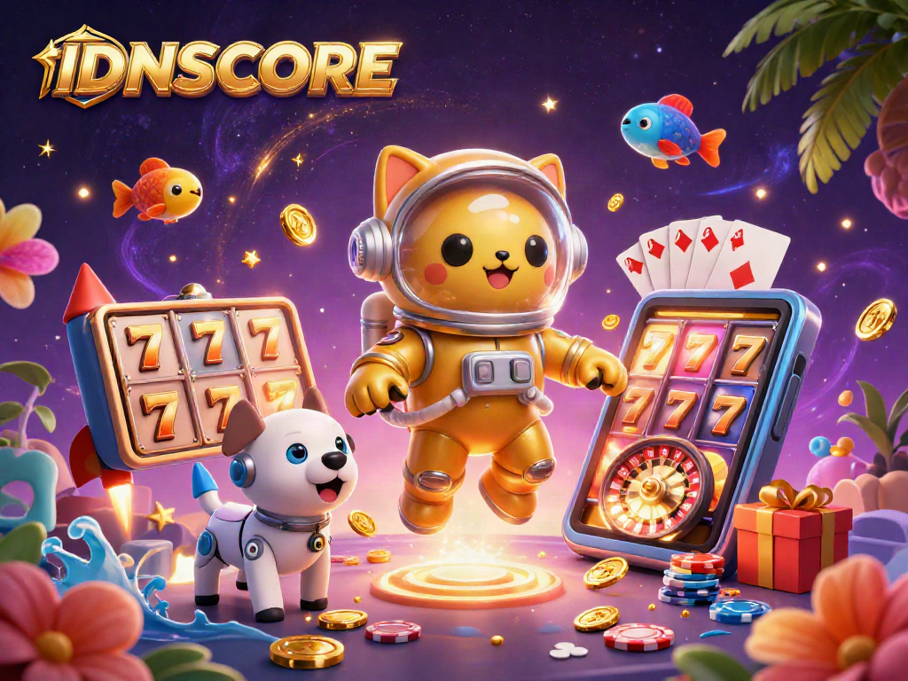 Join the fun at IDNSCORE with vibrant slot gaming vibes and a cosmic adventure featuring lively characters.