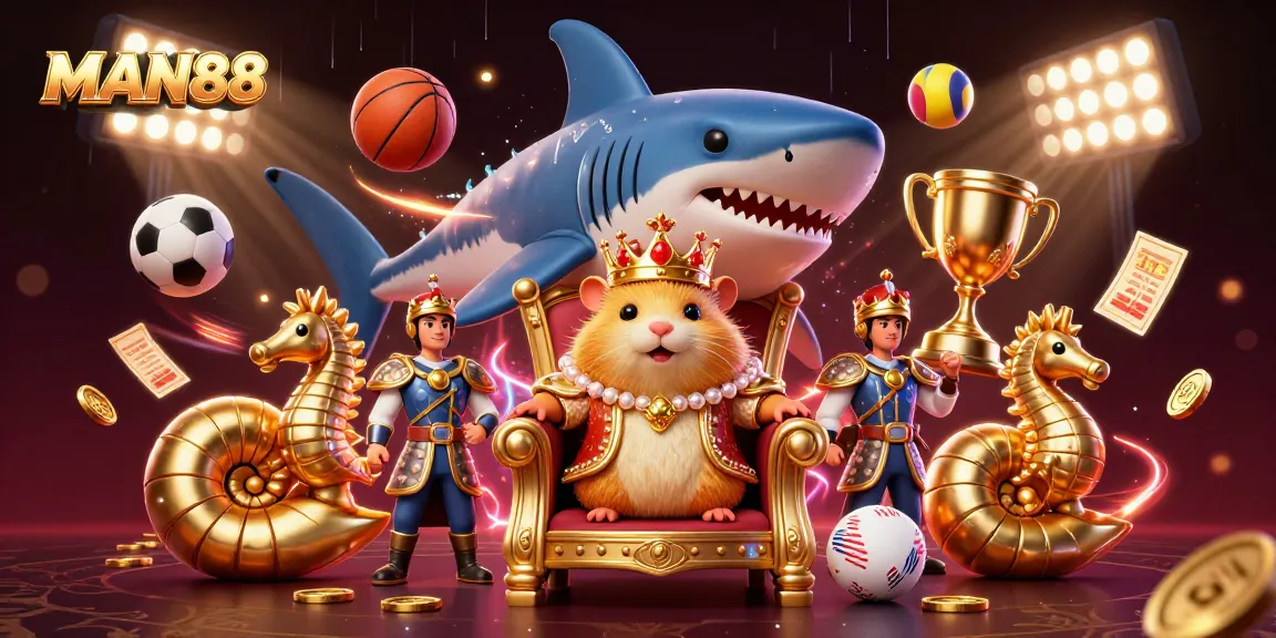 Bet on MAN88 with a majestic golden hamster king enthroned, surrounded by sports betting excitement.