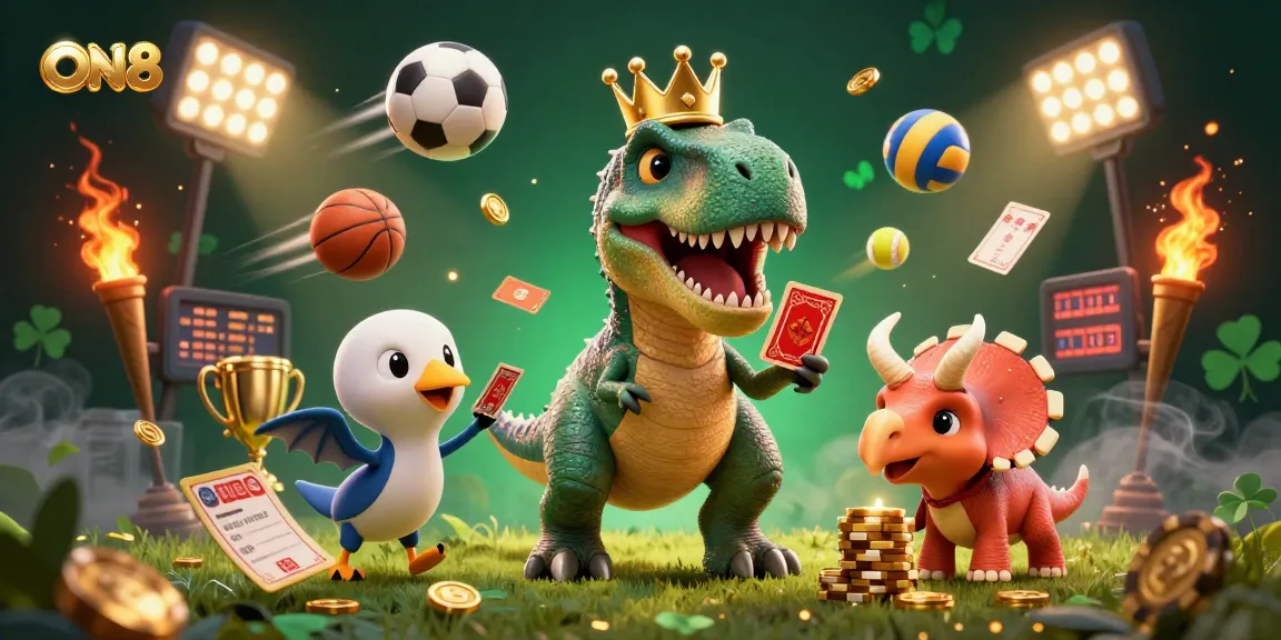 ON68 showcases a T-Rex shuffling cards with a pterodactyl, highlighting vibrant gambling elements and sports.