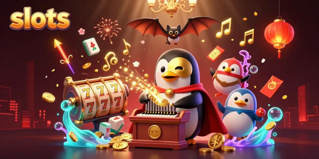 Experience exciting slots with a dynamic casino scene featuring a cartoon penguin playing an organ surrounded by golden elements.