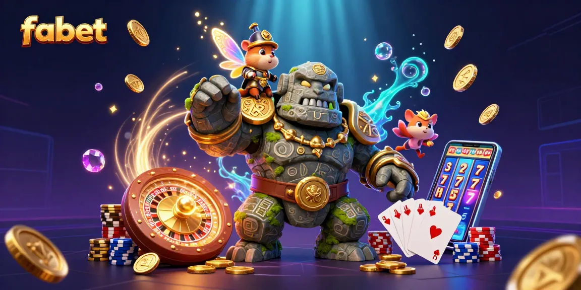 Experience magical wins with fabet, featuring a cheerful golem and a hamster knight amidst cascading coins.