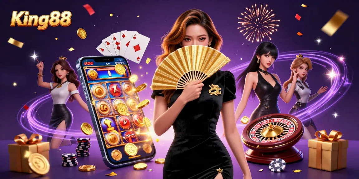 Experience the excitement of King88 as the glamorous Asian woman reveals her captivating eyes in a vibrant casino backdrop.