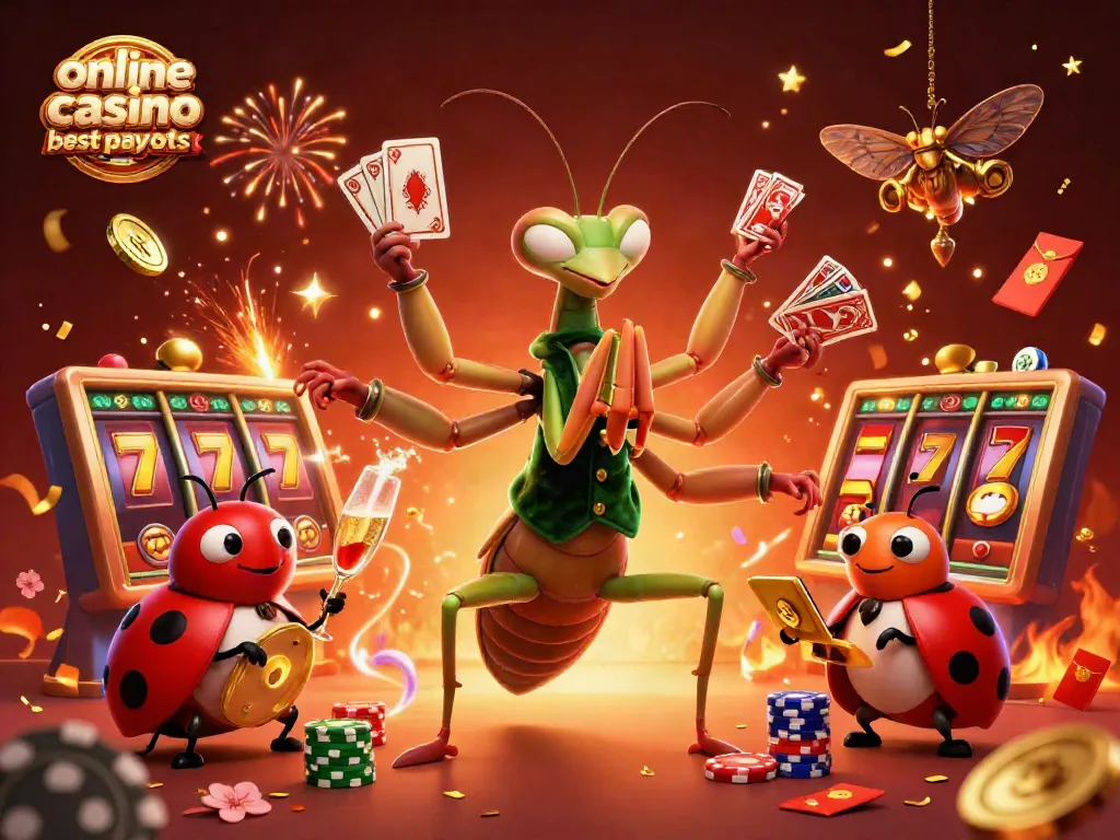 Explore online casino best payouts with a vibrant 3D scene showcasing a mantis card sharp and ladybug pit boss.