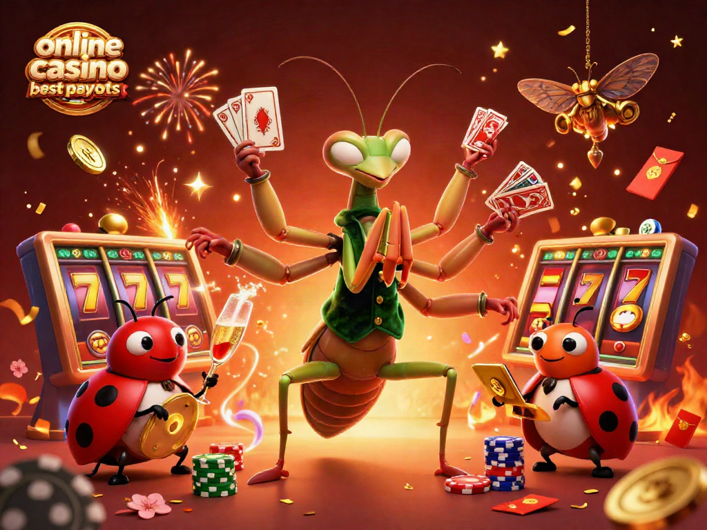 Explore online casino best payouts with a vibrant 3D scene showcasing a mantis card sharp and ladybug pit boss.