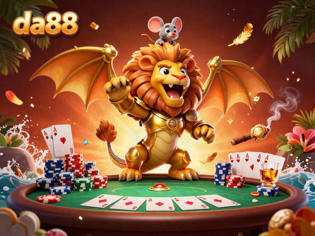 Experience the thrill of da88 with a golden chimera and poker elements in a vibrant casino scene.