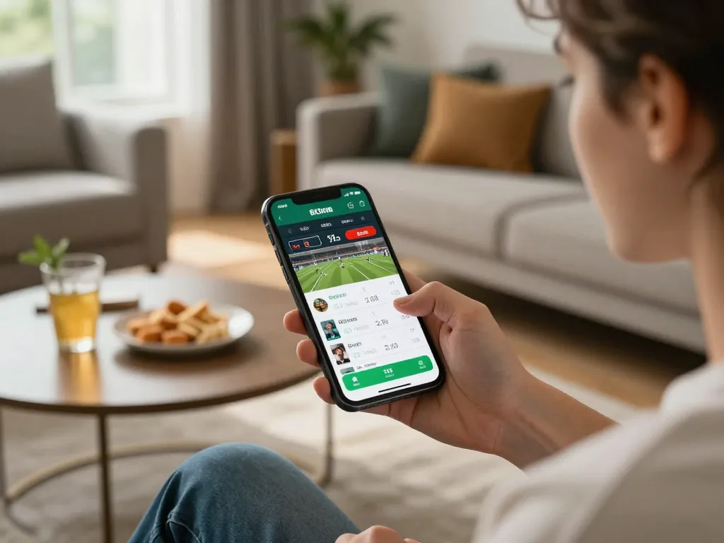 79king player analyzing live betting odds on a smartphone in a cozy home setting.