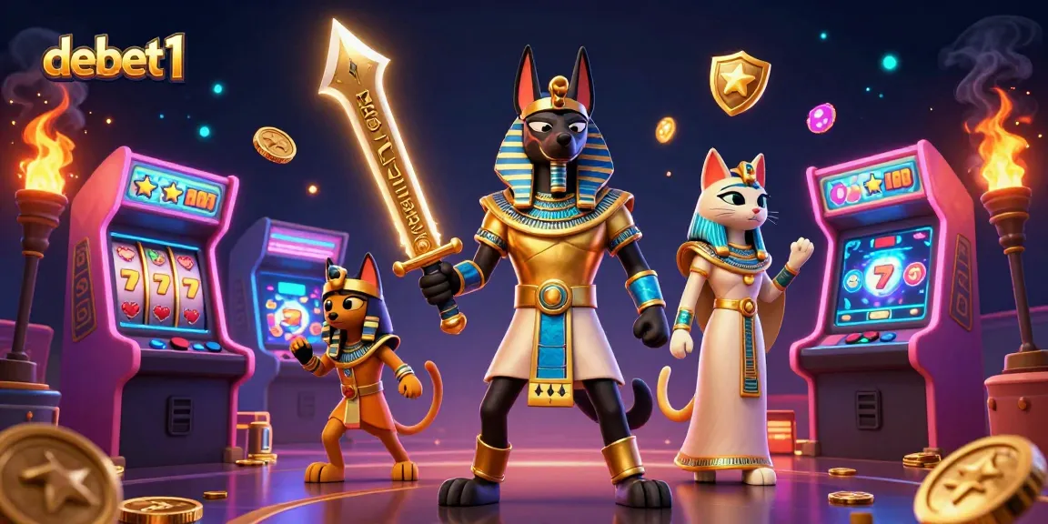 Experience debet1 with Anubis and Bastet amidst vibrant slot game action and ancient Egyptian themes.