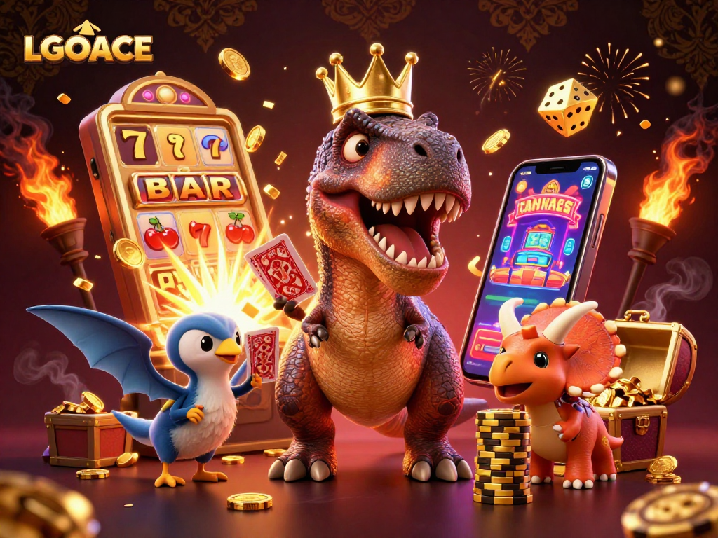 Experience thrilling wins at LGOACE with a vibrant casino scene featuring playful dinosaurs.