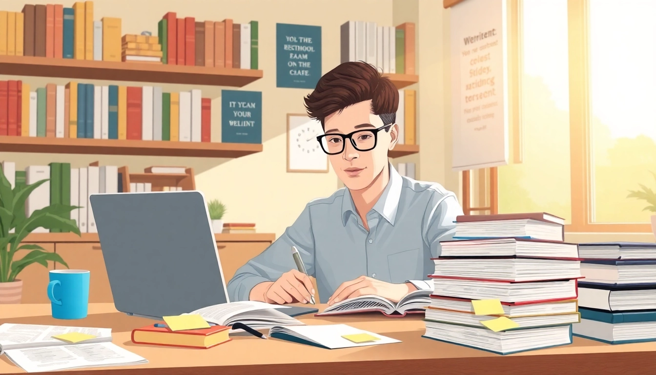 Providing exam help, a focused student studies in a cozy room filled with books.