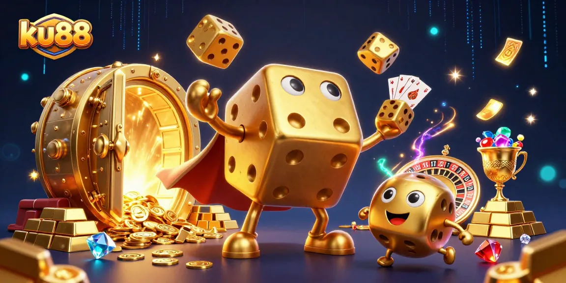 Experience the thrill of ku88 with golden dice, treasure vaults, and sparkling gems in this vibrant casino art.