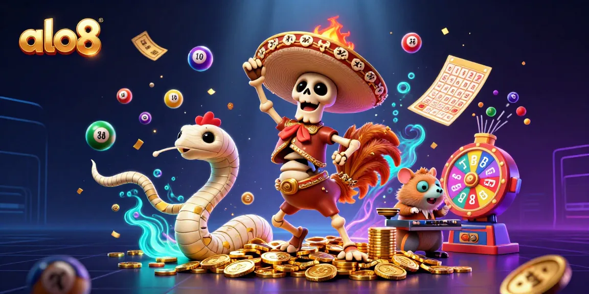 Engage with alo8's thrilling gaming atmosphere featuring a victorious mariachi rooster amidst colorful lottery balls and dynamic prizes.