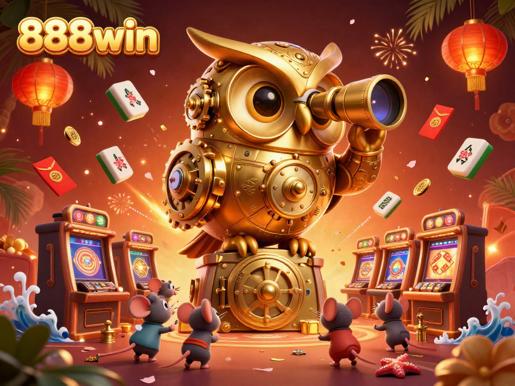 Experience the excitement of 888win with a dynamic casino scene filled with golden elements and animated characters.