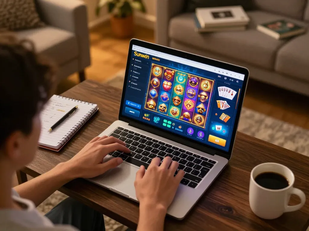 Play online games on LINK SUNWIN in a cozy home setup with vibrant interface on laptop and strategic notes.