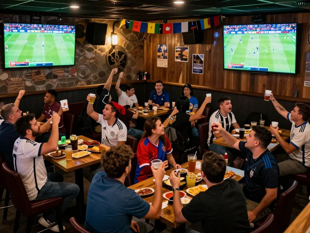 Cheering fans celebrating worldcup2026 at a lively sports bar during live matches