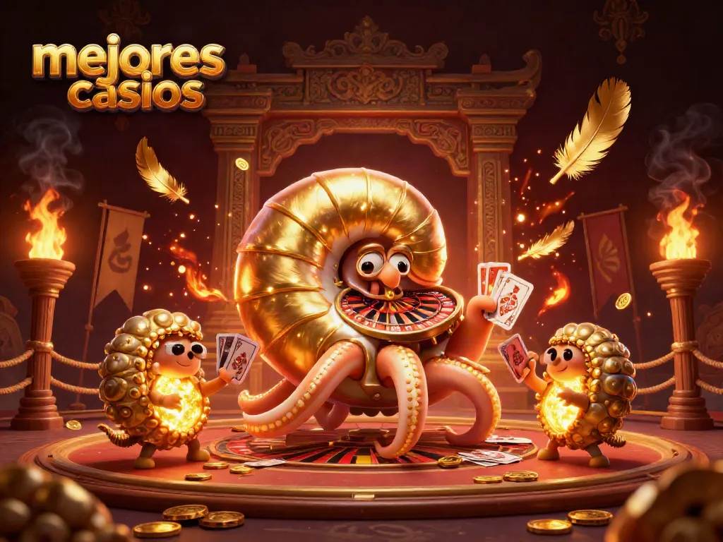 Los mejores casinos mostrando una escena vibrante con un nautilus gigante y cartas flotantes.