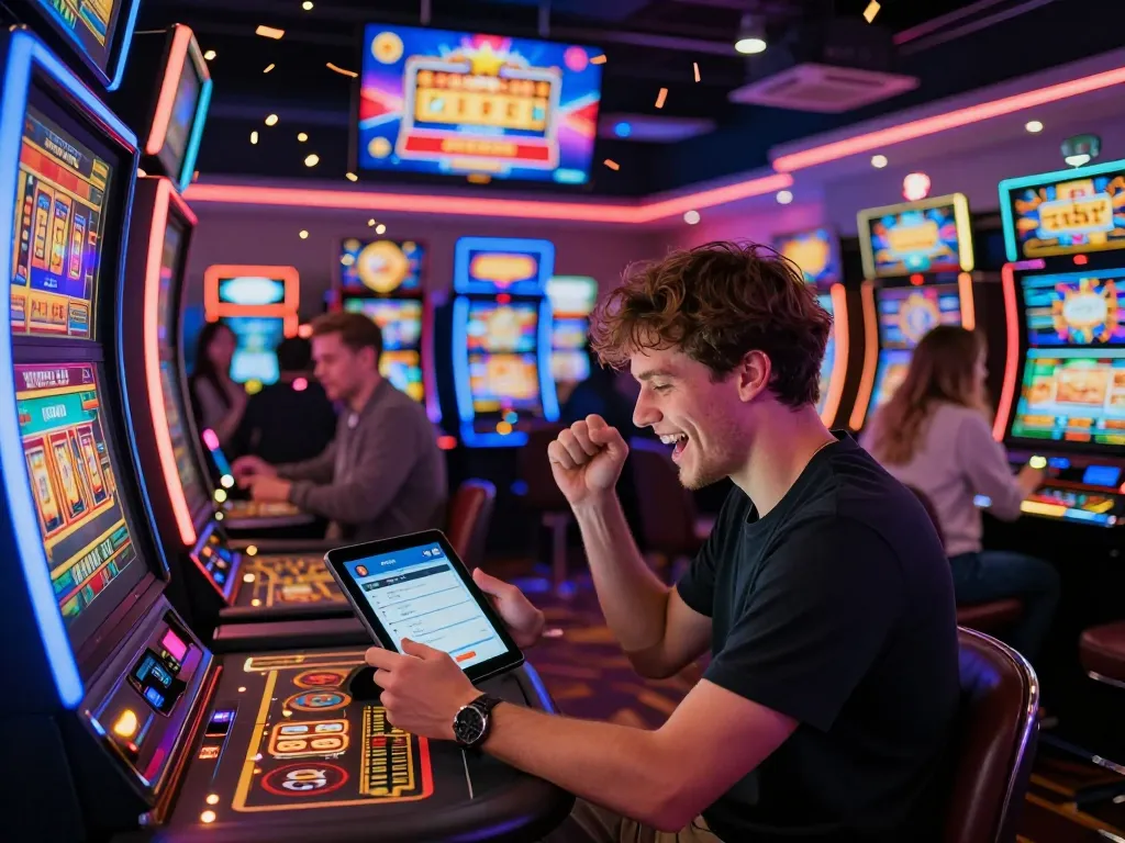 Player celebrating a crickex bonus win in a lively casino atmosphere
