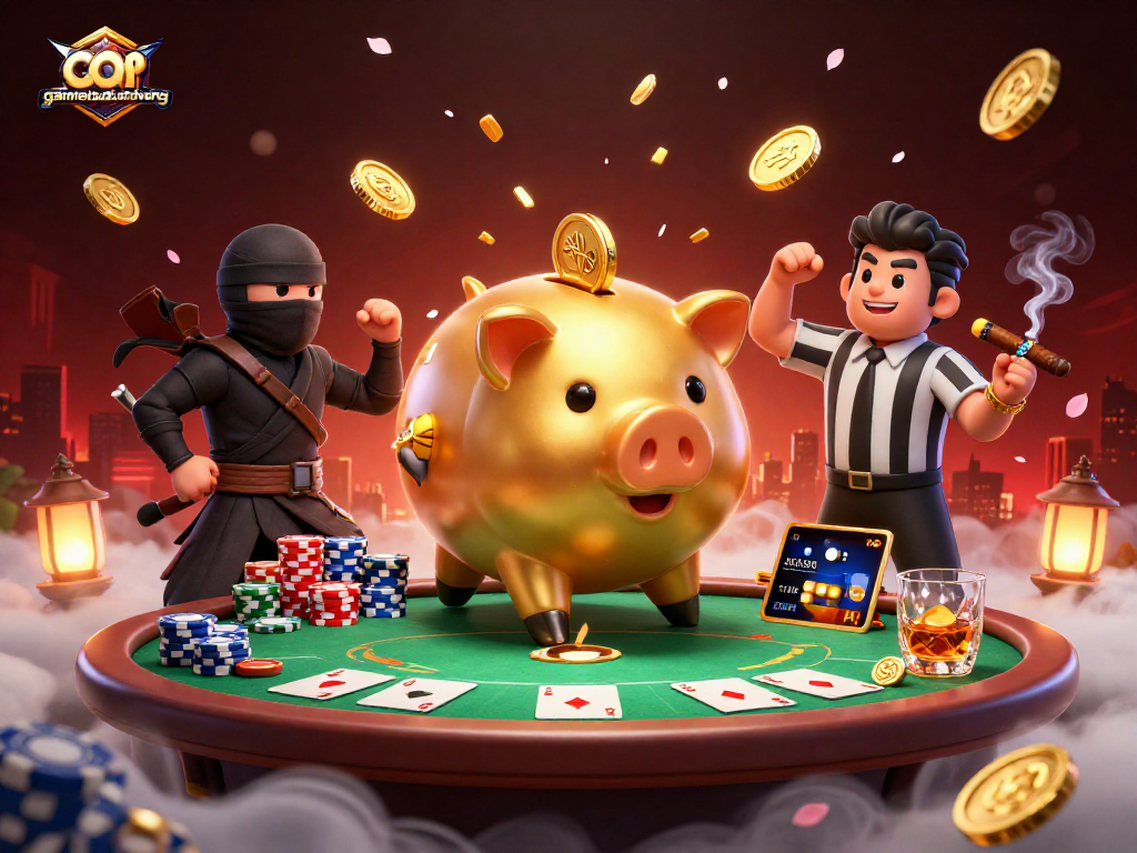Engage in vibrant gameplay at gamebaidoithuong with an energetic casino scene featuring a golden piggy bank and poker elements.