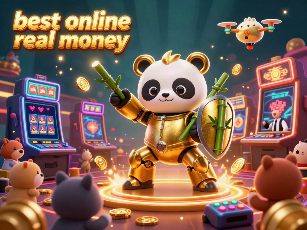 Explore the vibrant arena of the best online casino real money with a golden panda piloting a robot amidst slot machines.
