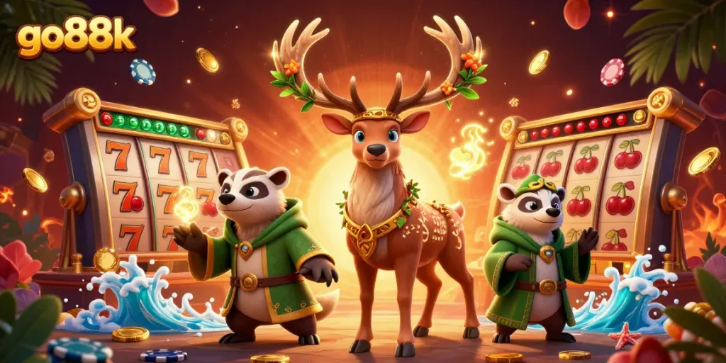 Play big at go88k with this vibrant casino-themed illustration filled with dynamic gaming elements.