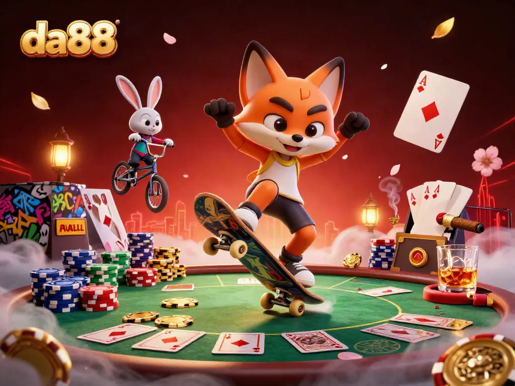 Engage with da88's vibrant casino atmosphere through playful characters and dynamic gambling elements.