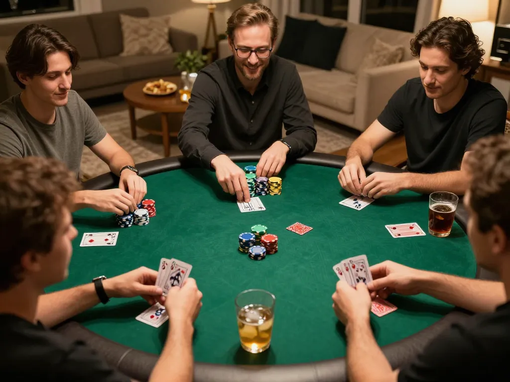Excited friends playing poker at home, showcasing strategy and fun in a cozy atmosphere while using bet88com for gaming.