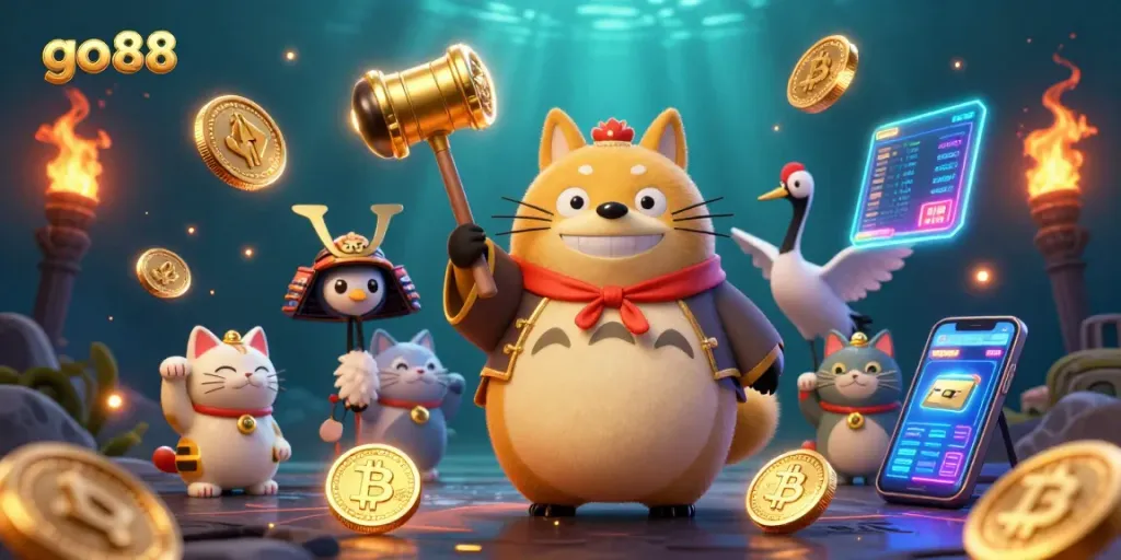 Engage with go88's vibrant 3D casino experience featuring lucky tanuki and cryptocurrency elements.