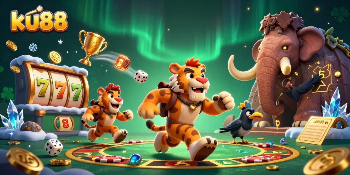 ku88 players enjoying an exciting prehistoric casino scene filled with dynamic slot game elements.