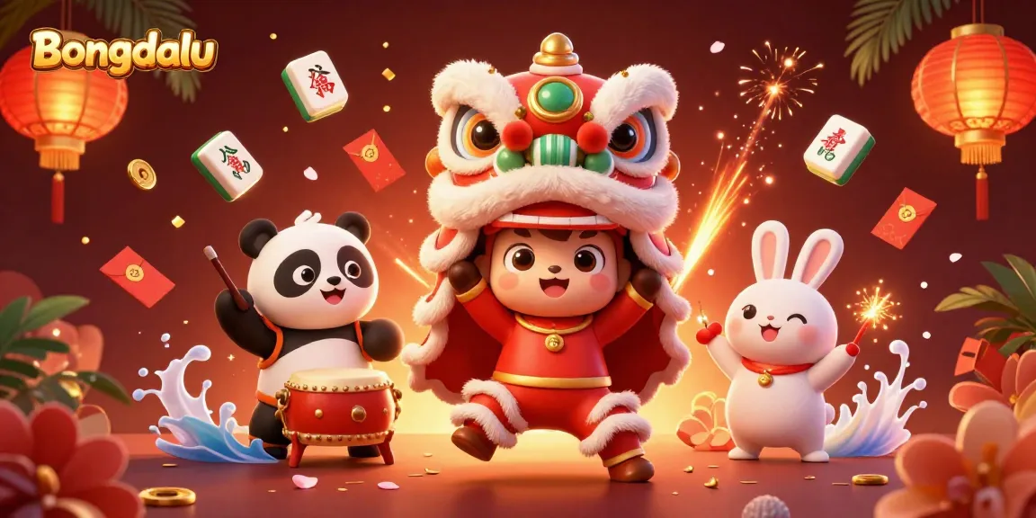 Bongdalu offers an exciting scene with lion dance characters, festive decor, and gaming elements.
