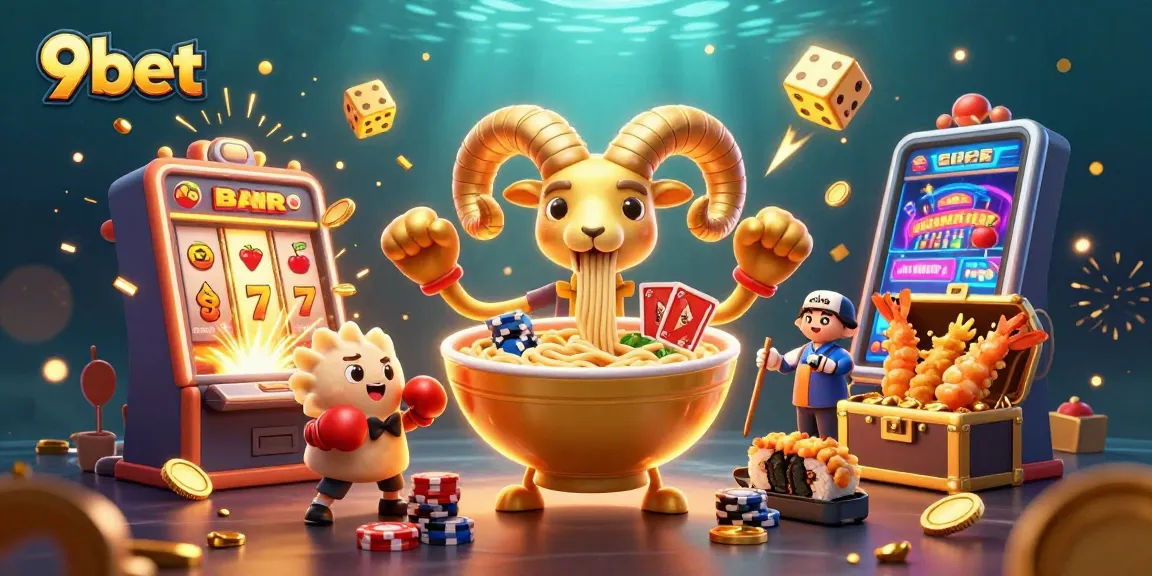 Experience excitement with 9bet in a colorful 3D casino scene with vibrant characters and slot machine.