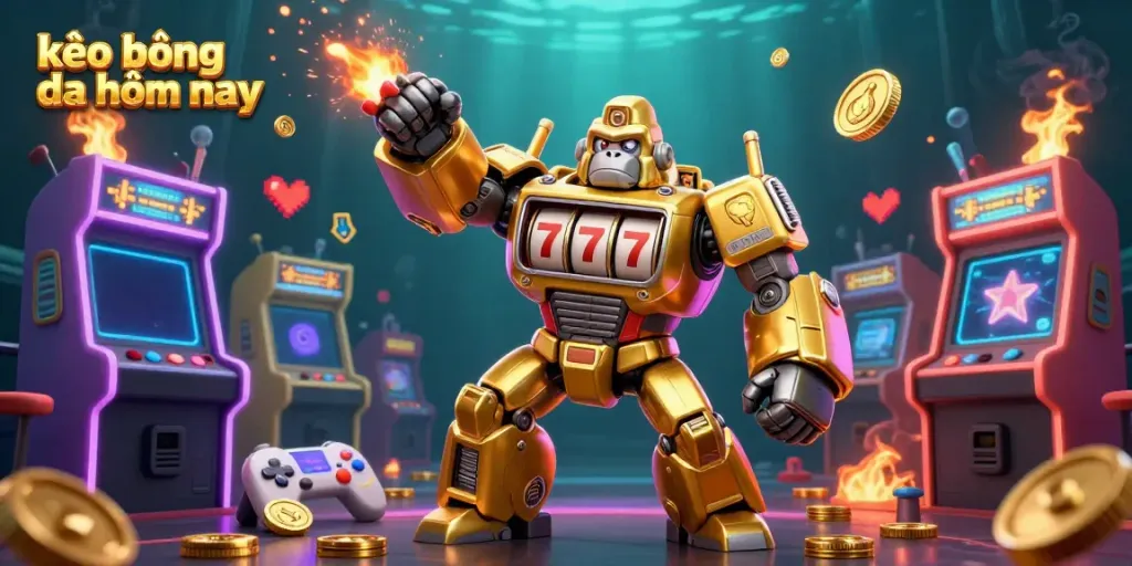 Experience exciting kèo bóng đá hôm nay with a golden gorilla mech surrounded by vibrant casino elements and action!