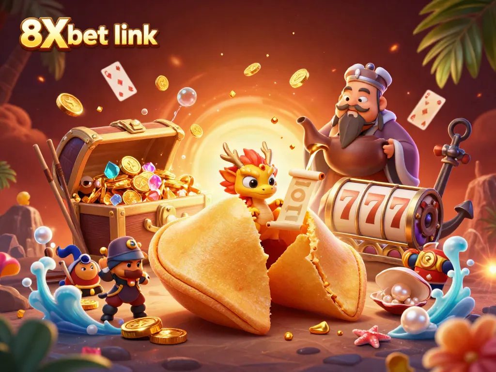 Experience thrilling gameplay with 8Xbet link featuring rich illustrations of a fortune cookie and dragon in a vibrant casino scene.