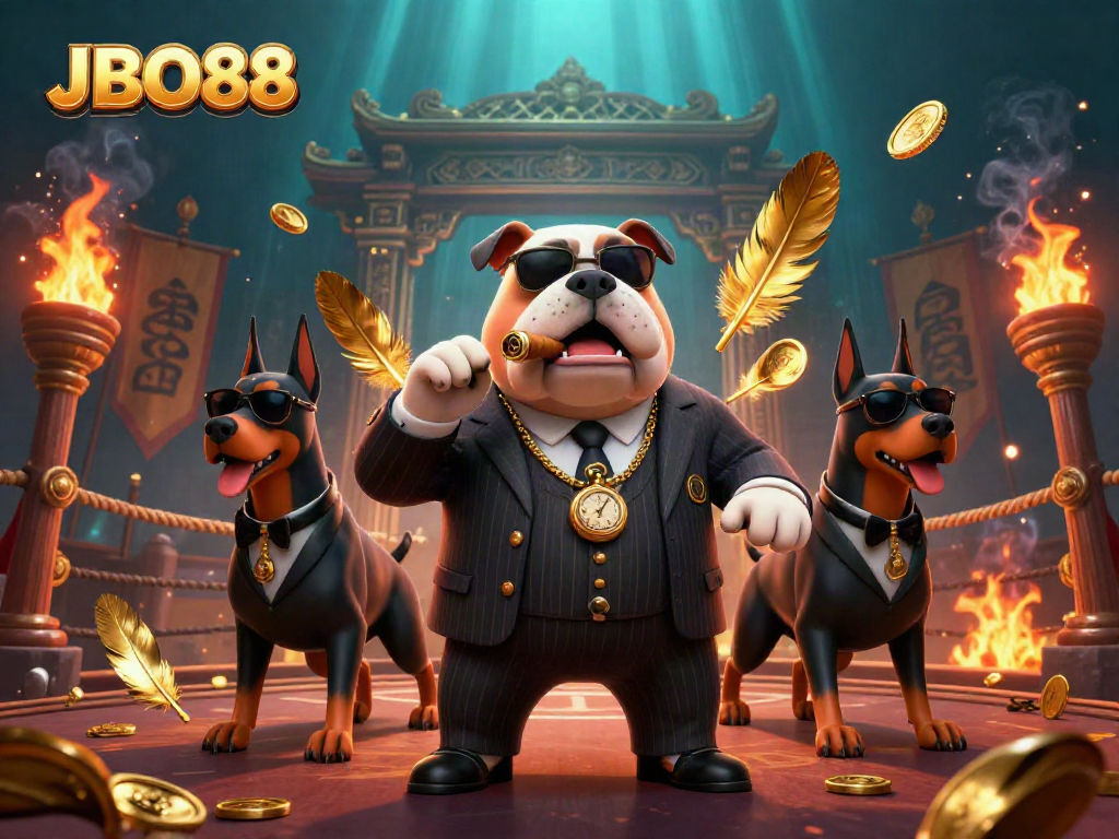 Experience thrilling betting at JBO88 with an action-packed casino scene featuring mafia elements and golden coins.