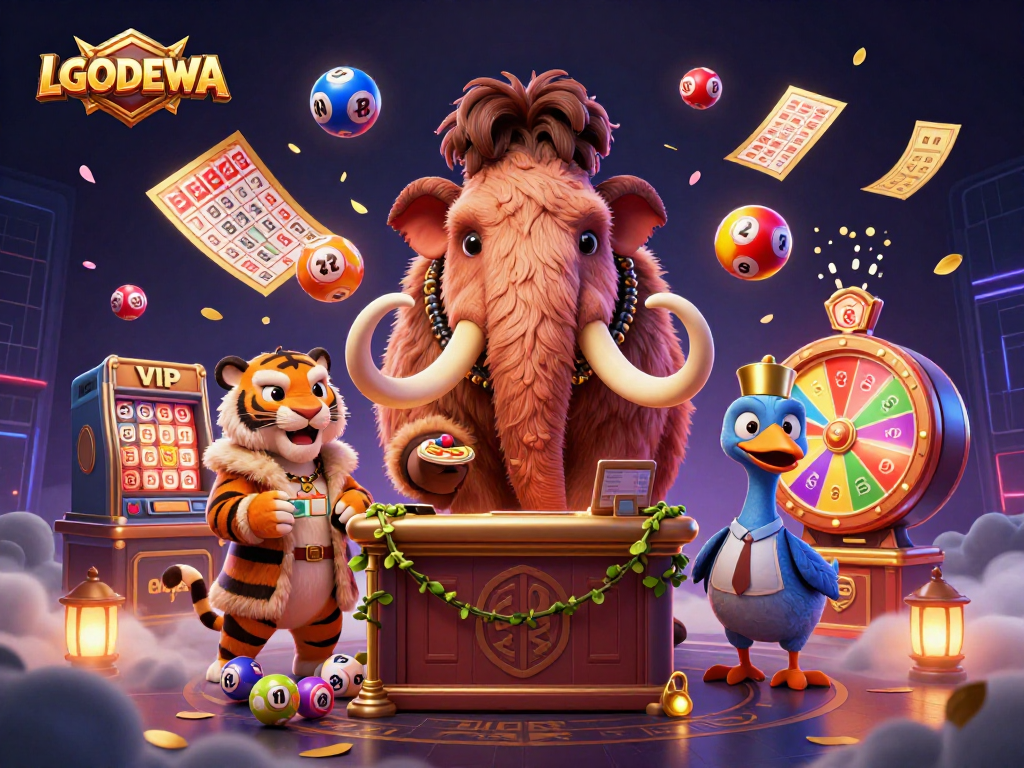 Engage with LGODEWA's vibrant casino scene featuring a woolly mammoth bouncer and dynamic game elements.